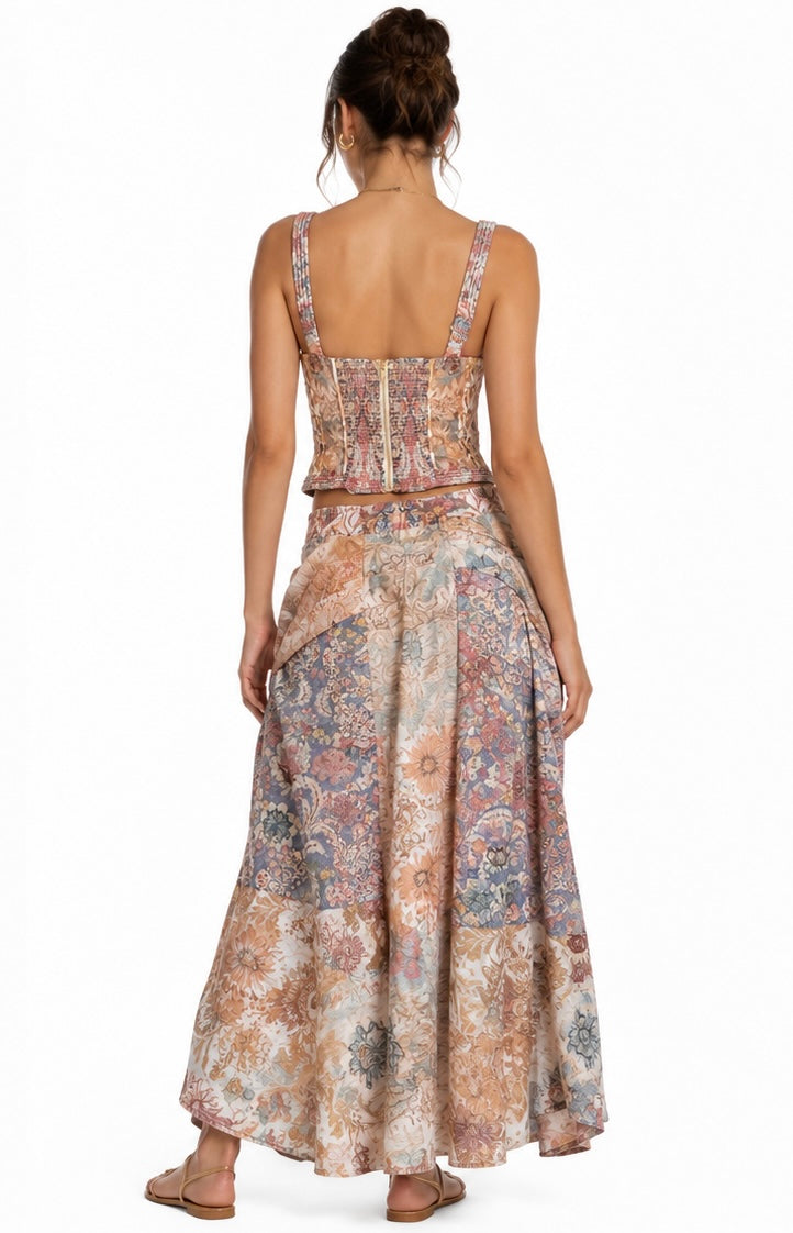 Bohemian Patchwork Corset Top & Draped Maxi Skirt Set
