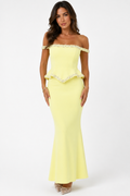 Yellow Pearl Trim Off-Shoulder Gown