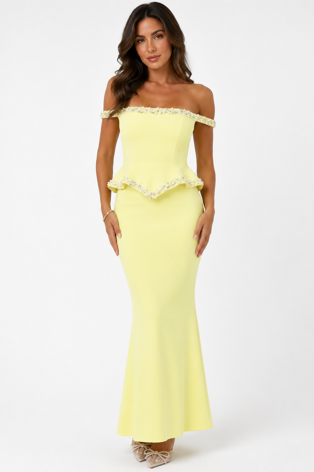 Yellow Pearl Trim Off-Shoulder Gown
