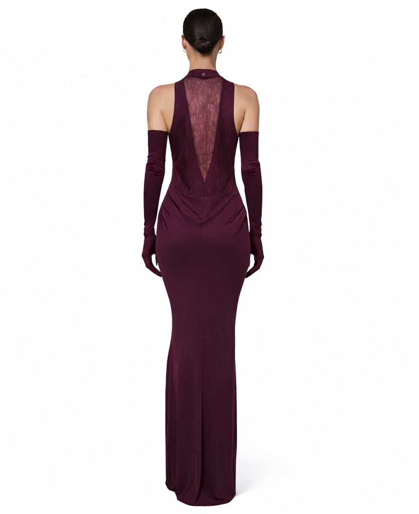 Plum Lace Evening Dress with Matching Gloves