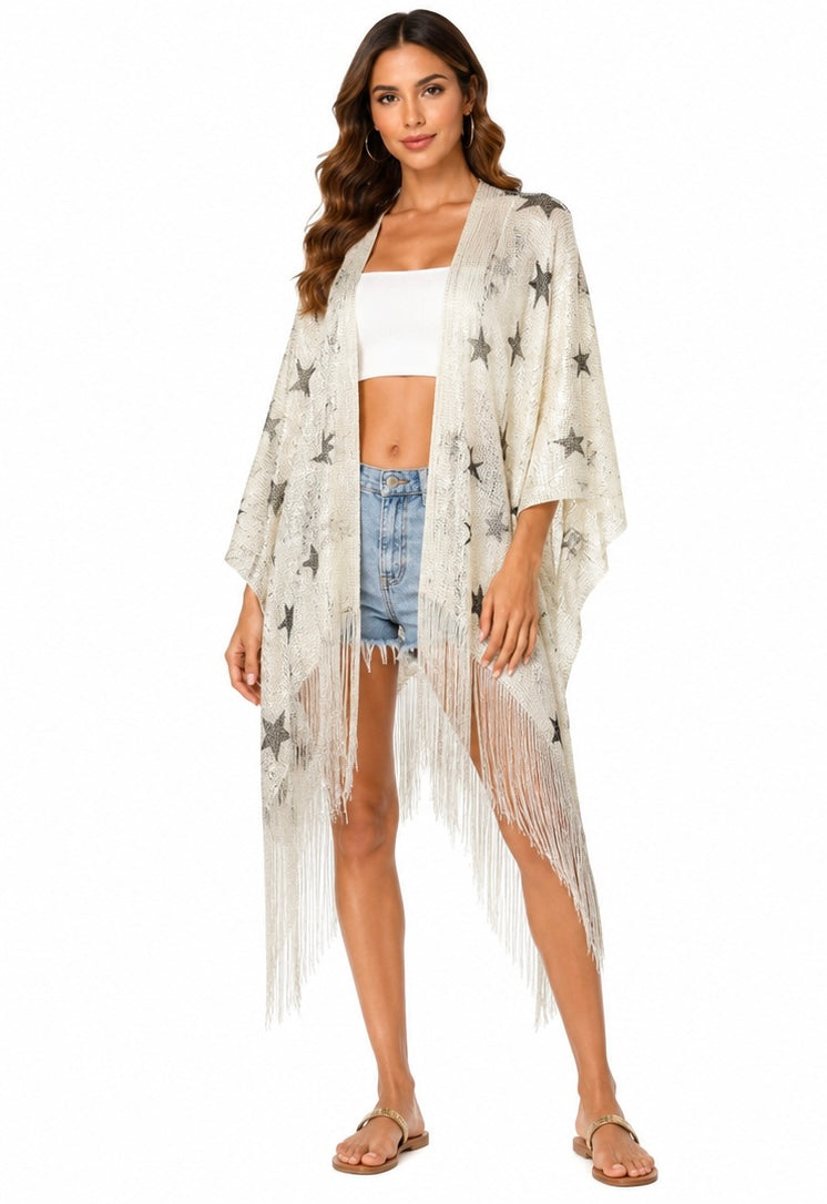 Golden Star Fringe Kimono ( Gold , Silver , Beige )