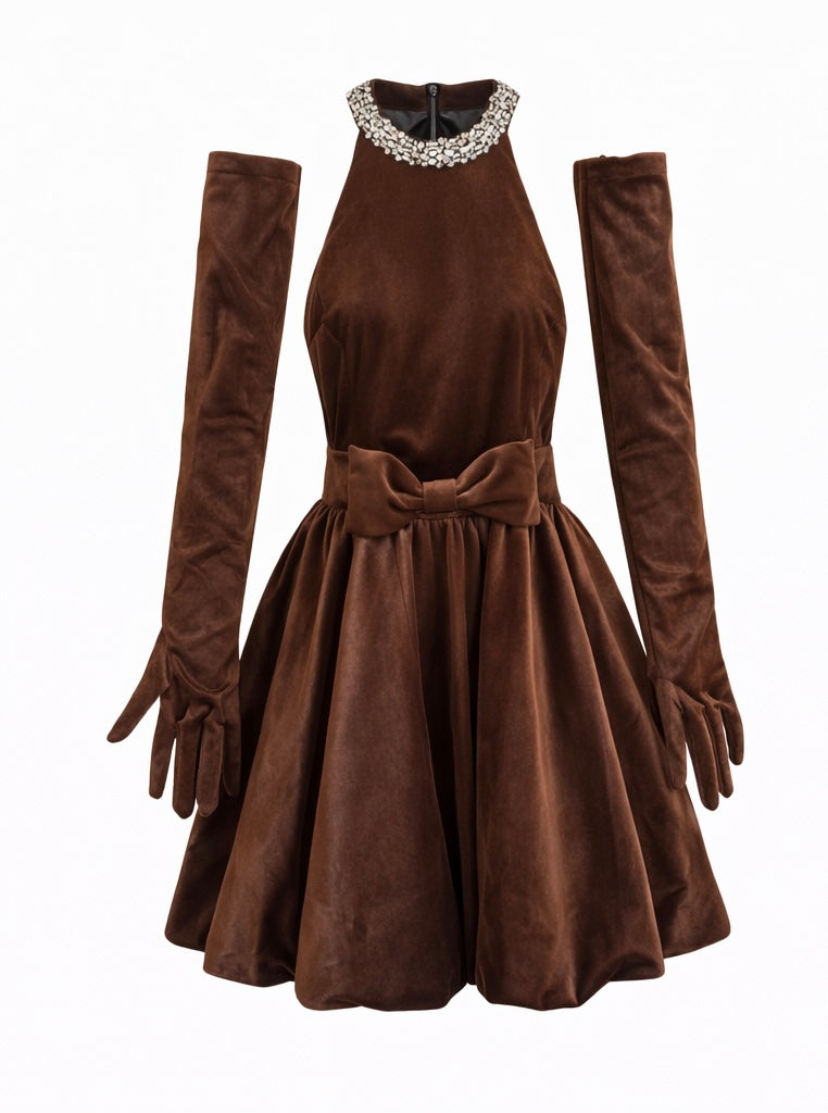 Brown Velvet Halter Mini Dress With Crystal Necline & Bow Detail