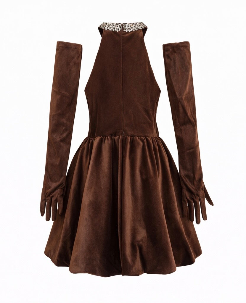 Brown Velvet Halter Mini Dress With Crystal Necline & Bow Detail