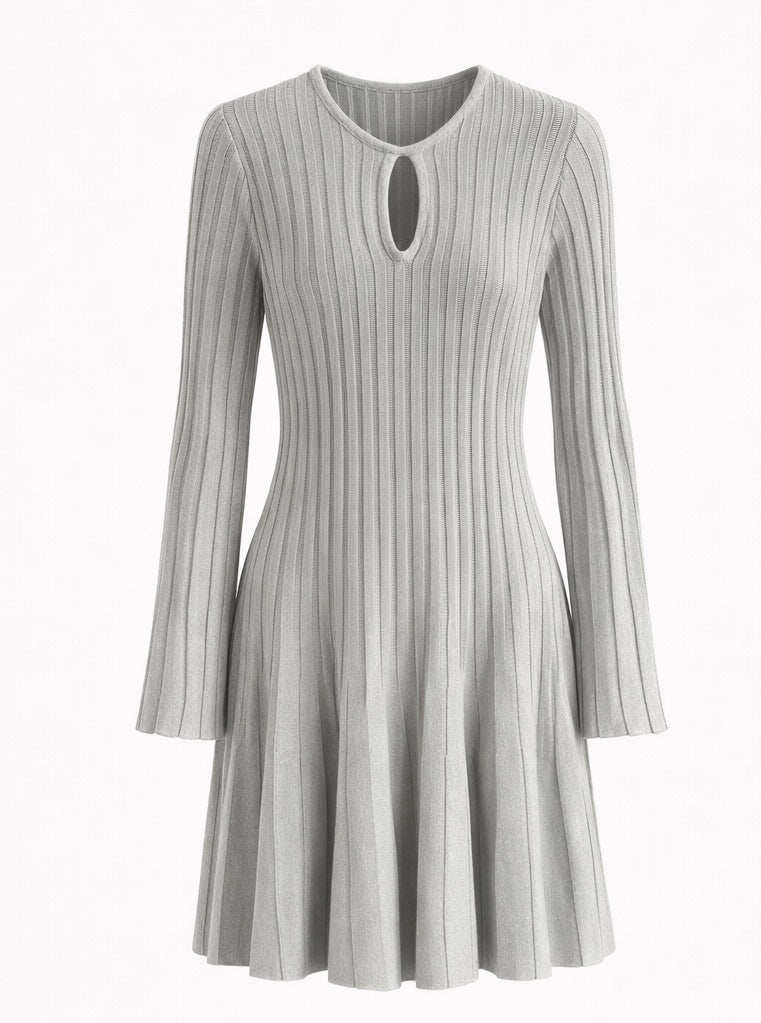 Ribbed Knit Keyhole Fit & Flare Dress Light Grey