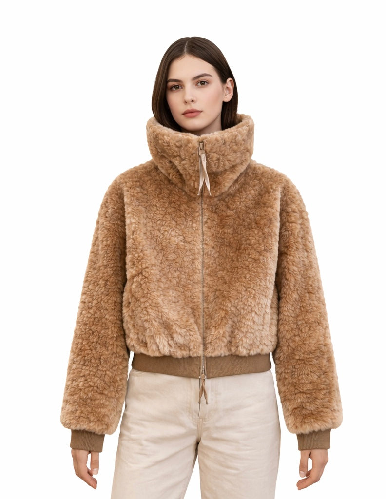 Faux Shearling Zip-Up Jacket with High Funnel Neck