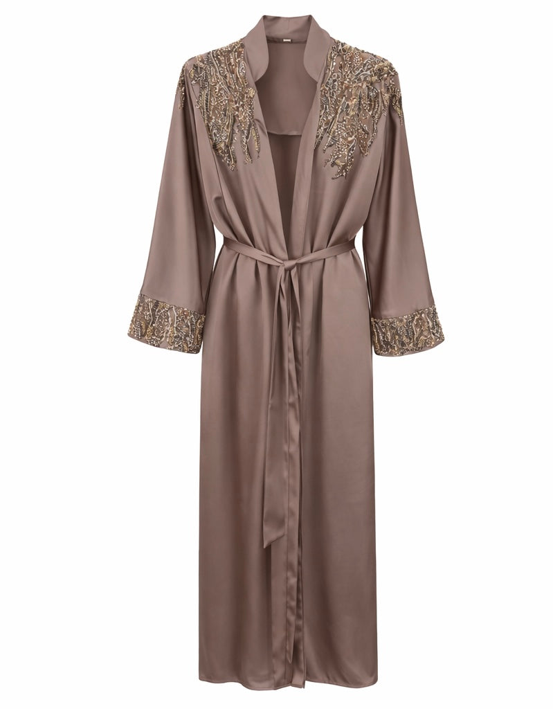 Taupe Satin Abaya with Hand Embellishment