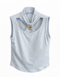 Slim Fit Cropped Mock Neck Top with Brooch Detail – Light Blue