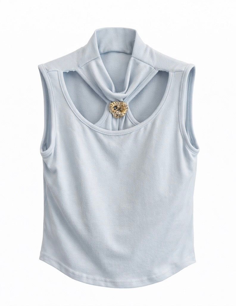 Slim Fit Cropped Mock Neck Top with Brooch Detail – Light Blue