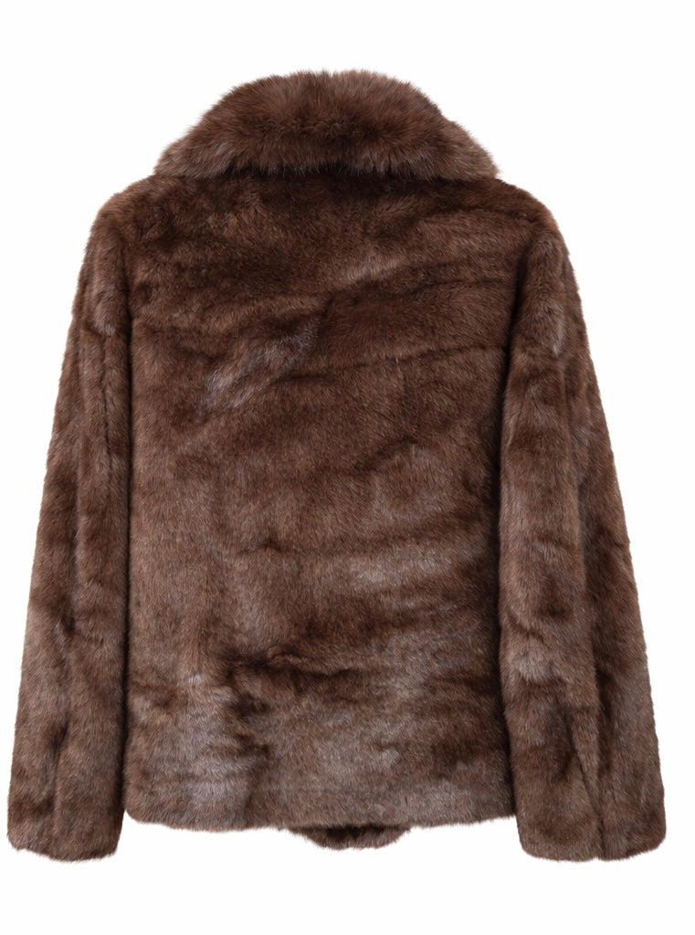 Plush Eco Fur Jacket with Wide Collar – Rich Brown