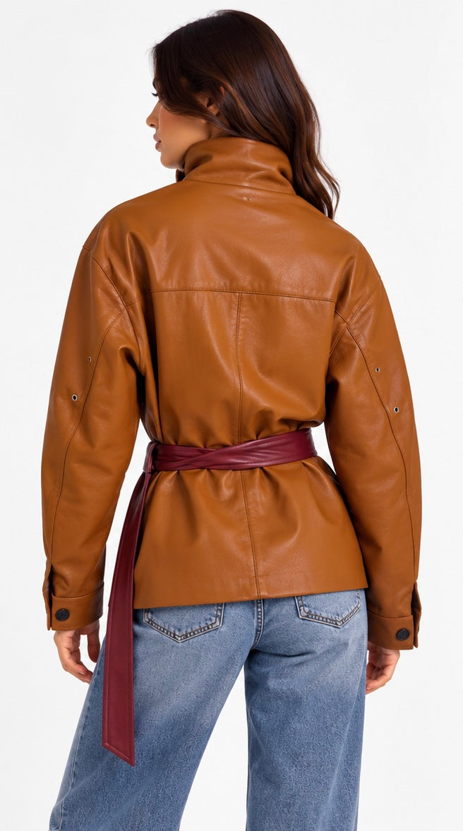 Cognac Leather Belted Jacket