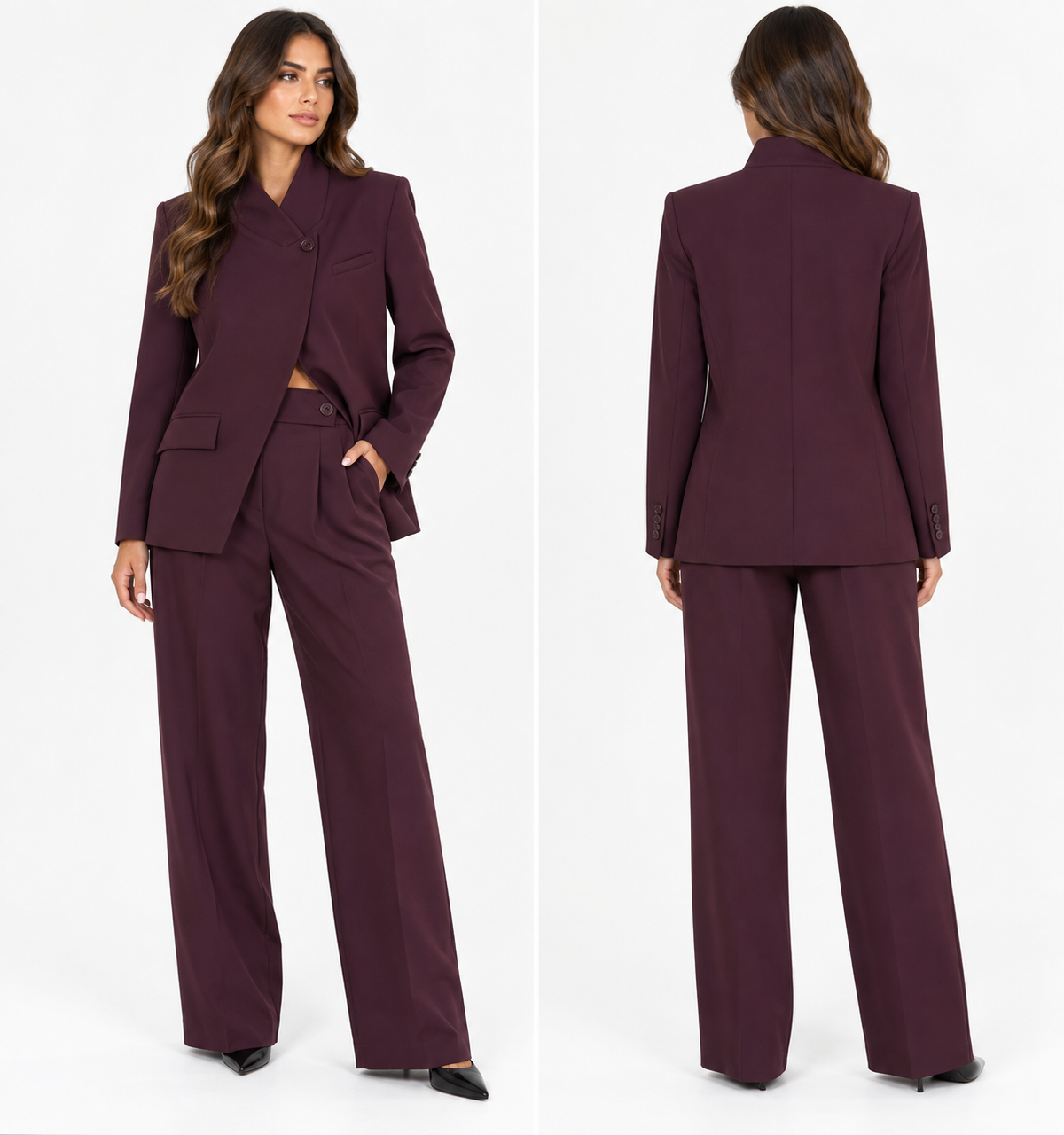 Tailored Wide-Leg Suit Set ( Plum , Brown )