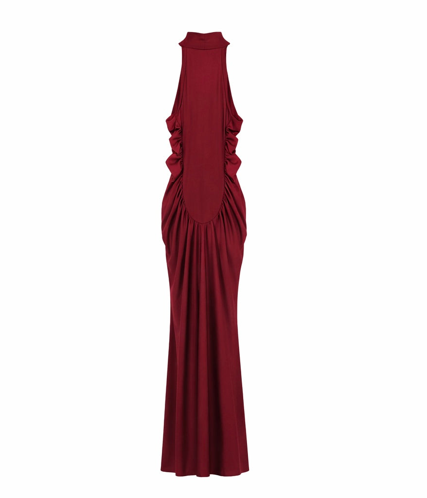 Signature Ruched Halter Gown – Deep Brown & Burgundy