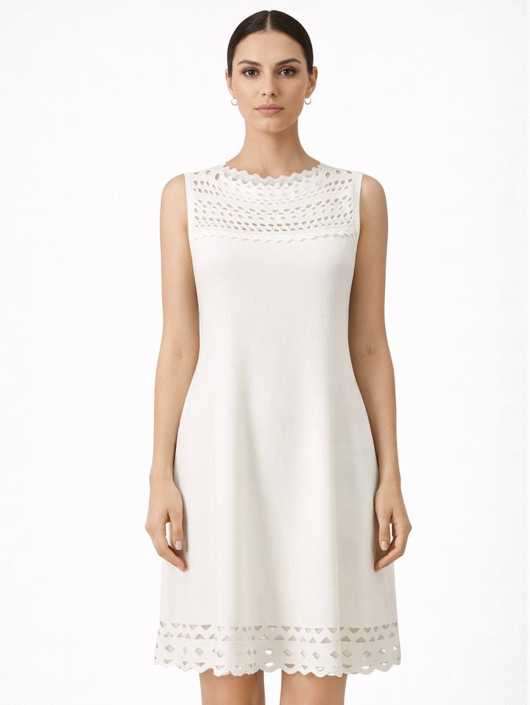 Classic White Crochet Detail Midi Dress