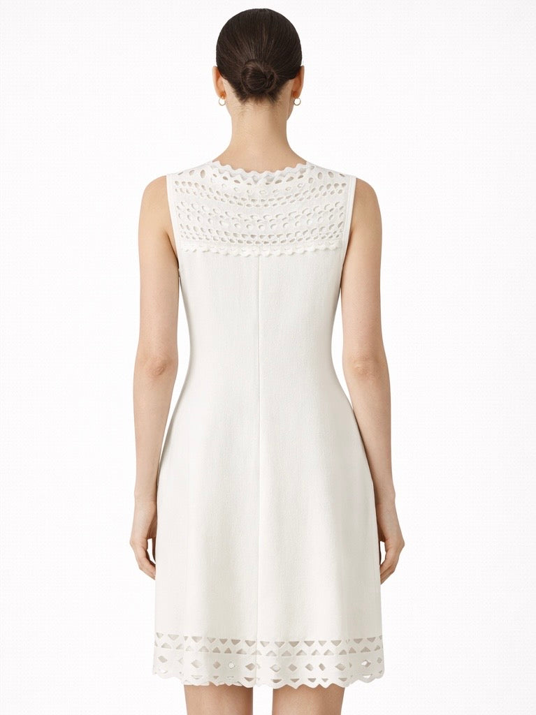 Classic White Crochet Detail Midi Dress