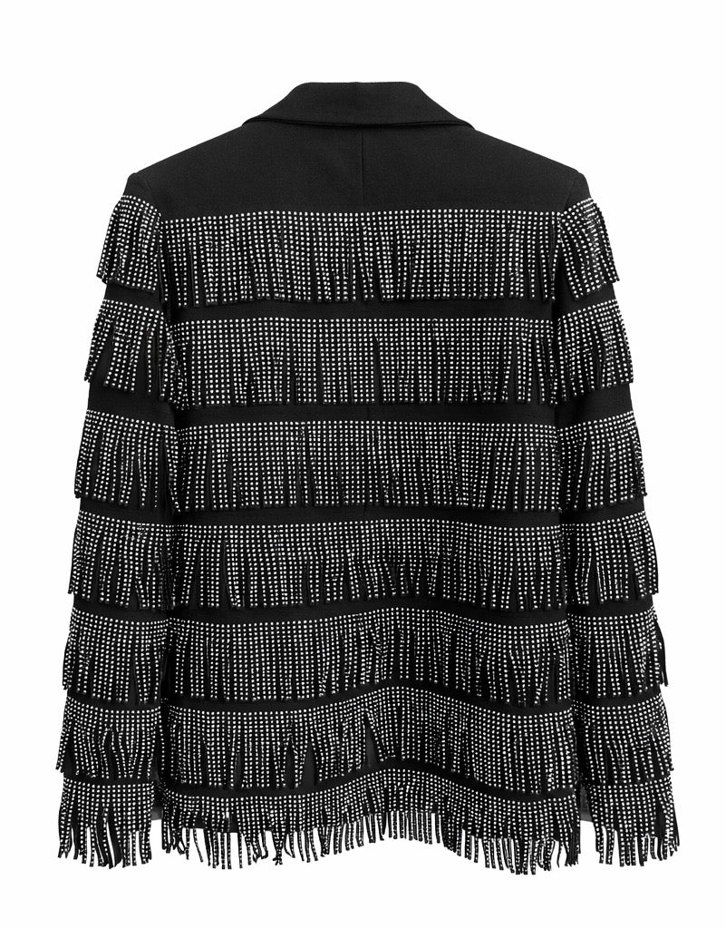 Rhinestone Fringe Blazer Jacket - Silver