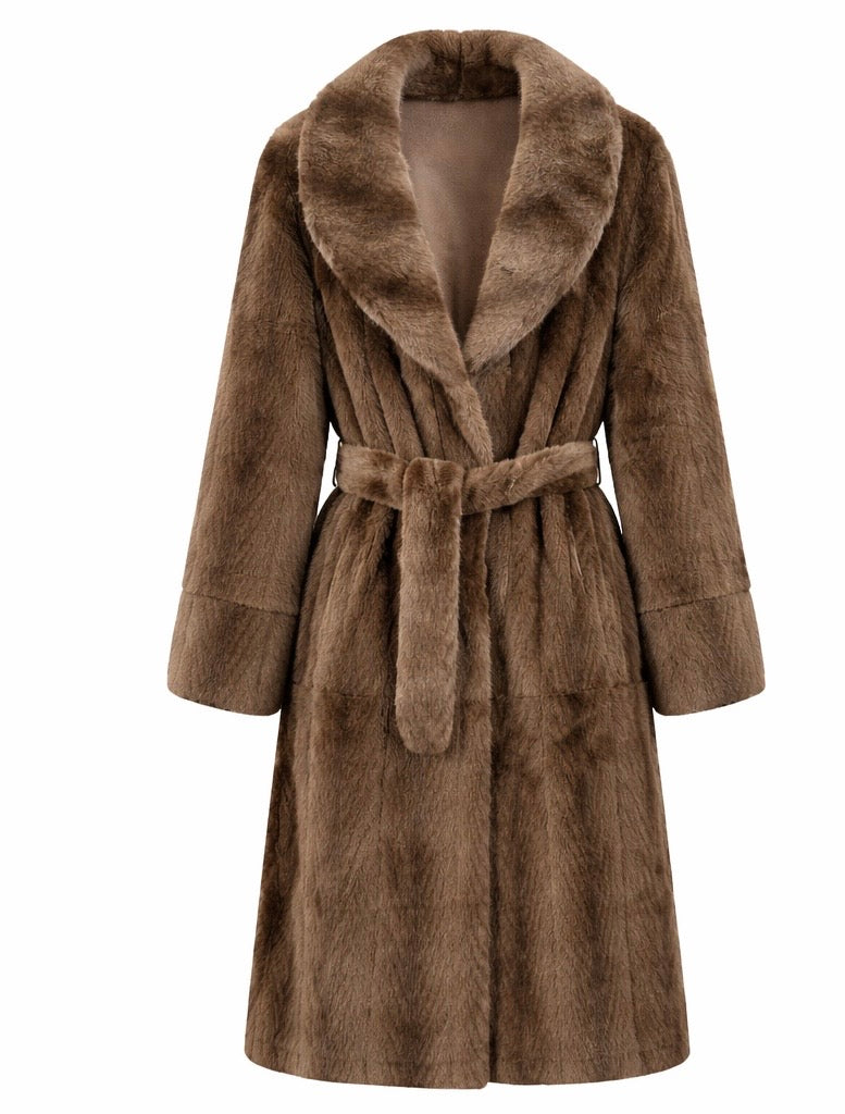 Tailored Eco Fur Coat with Belt Brown