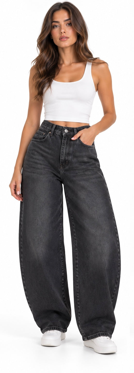 Washed Black Barrel-Leg Jeans