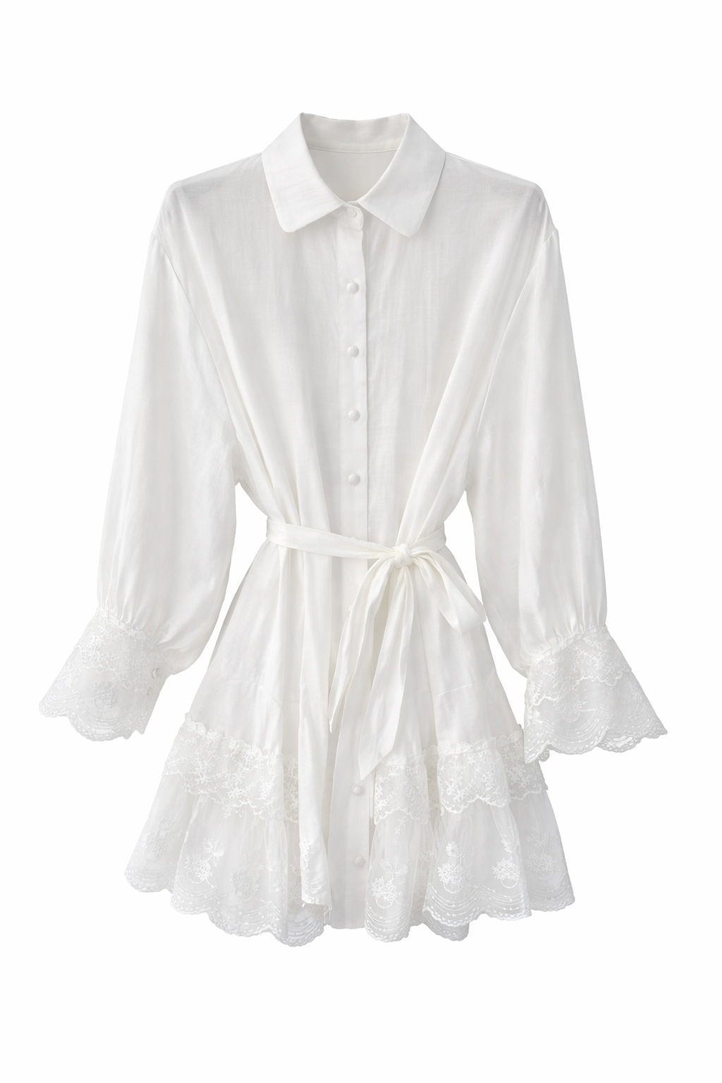 Lace Trim Belted Mini Dress - Light pink , Butter yellow , White