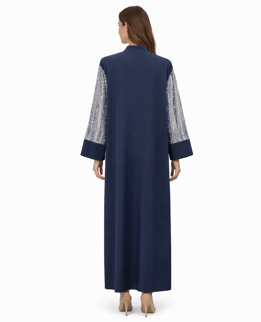 Sheer Embellished Sleeve Abaya – Navy