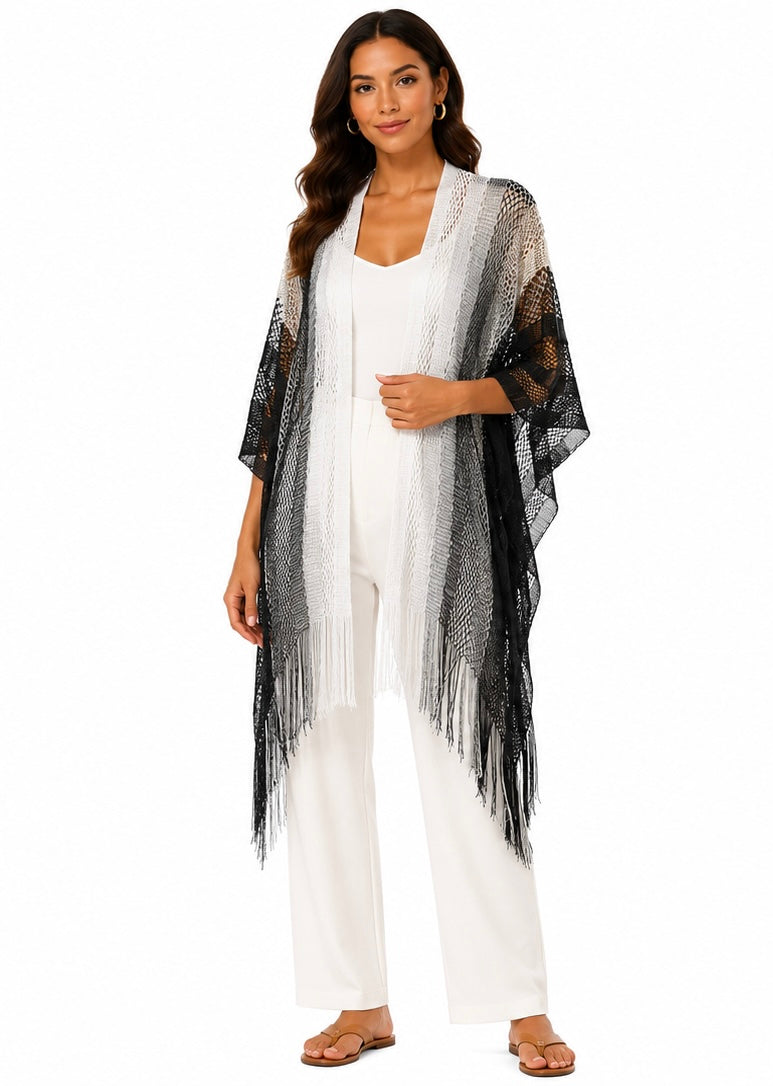 Stripe Fringe Kimono ( Beige  , Black , Blue  )
