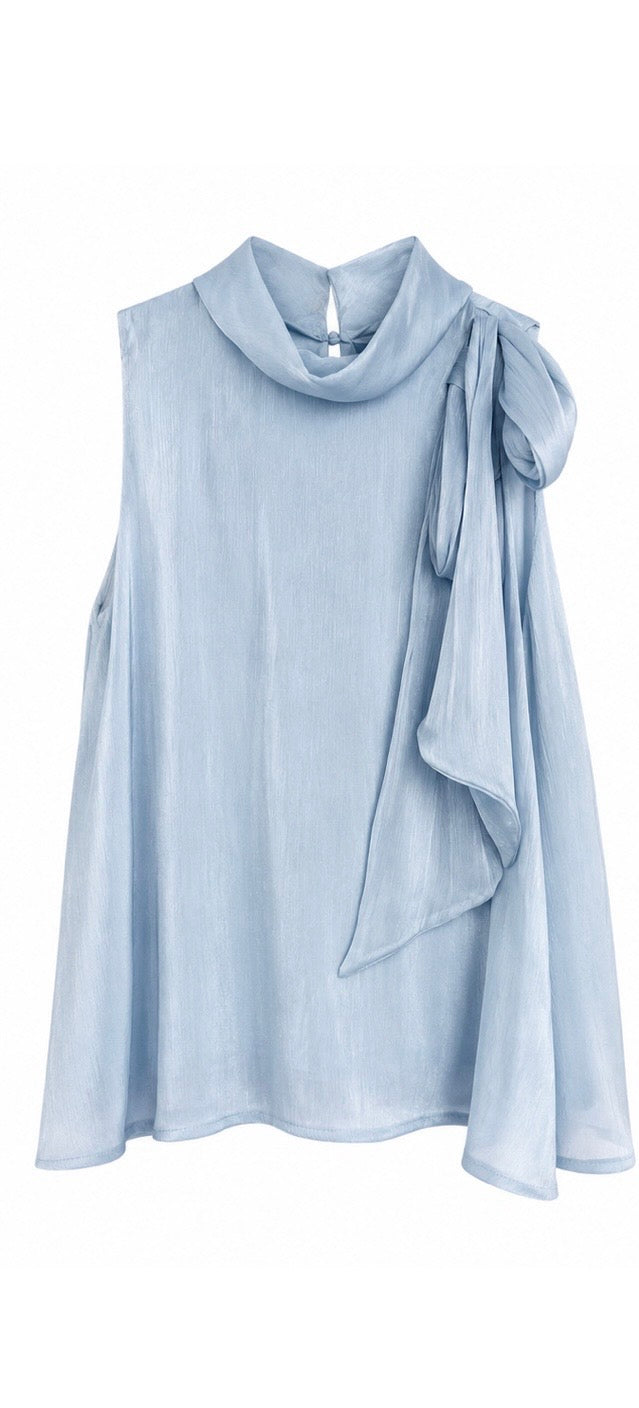 Draped Bow Neck Sleeveless Blouse ( Light Blue , Butter Yellow )