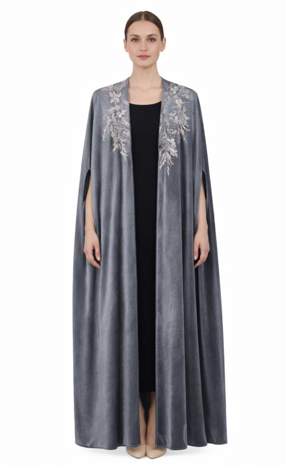 Embroidered Velvet Cape in Steel Grey