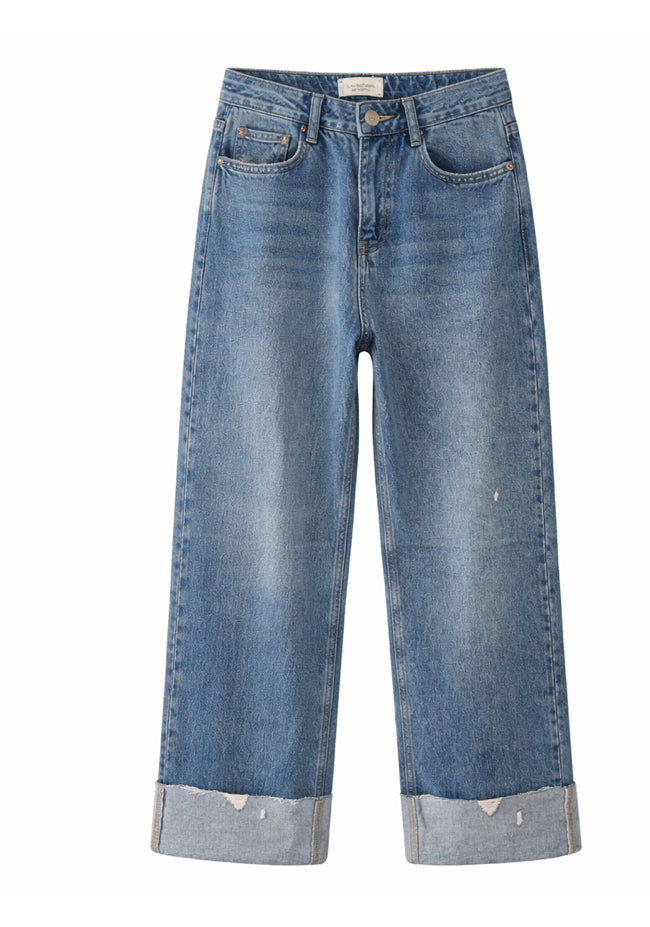 Classic Blue Straight Denim with Turn-Up Hem