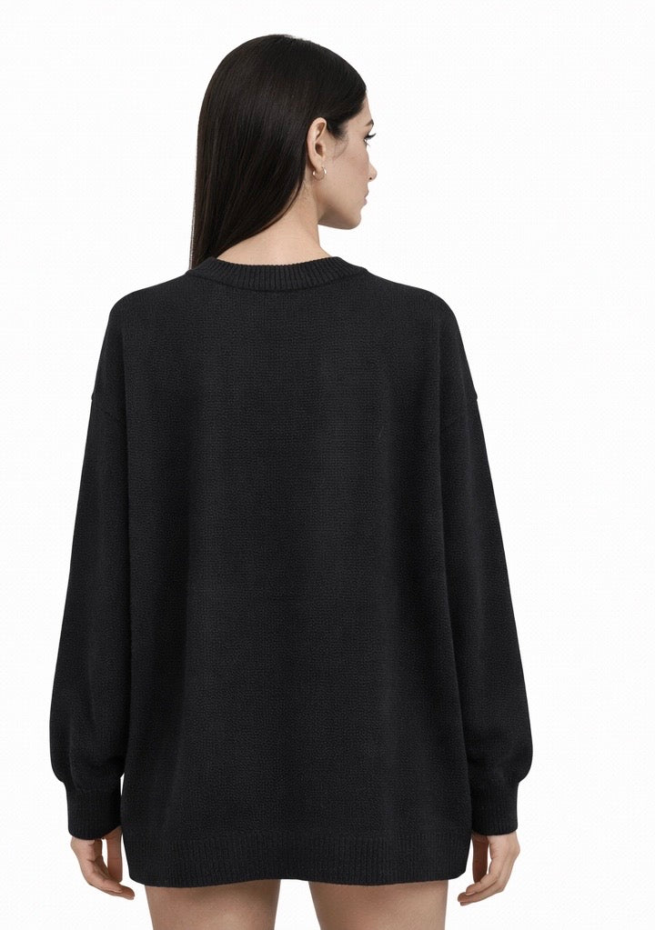 Floral Appliqué Black Knit Sweater