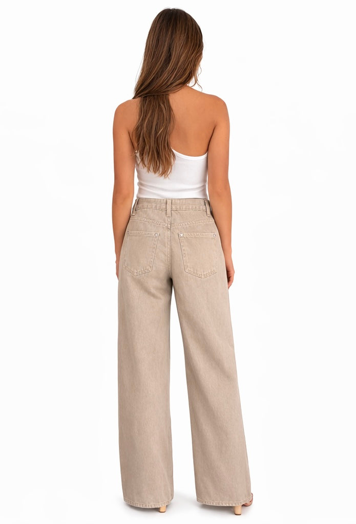 Beige Rhinestone Embellished Wide-Leg Jeans