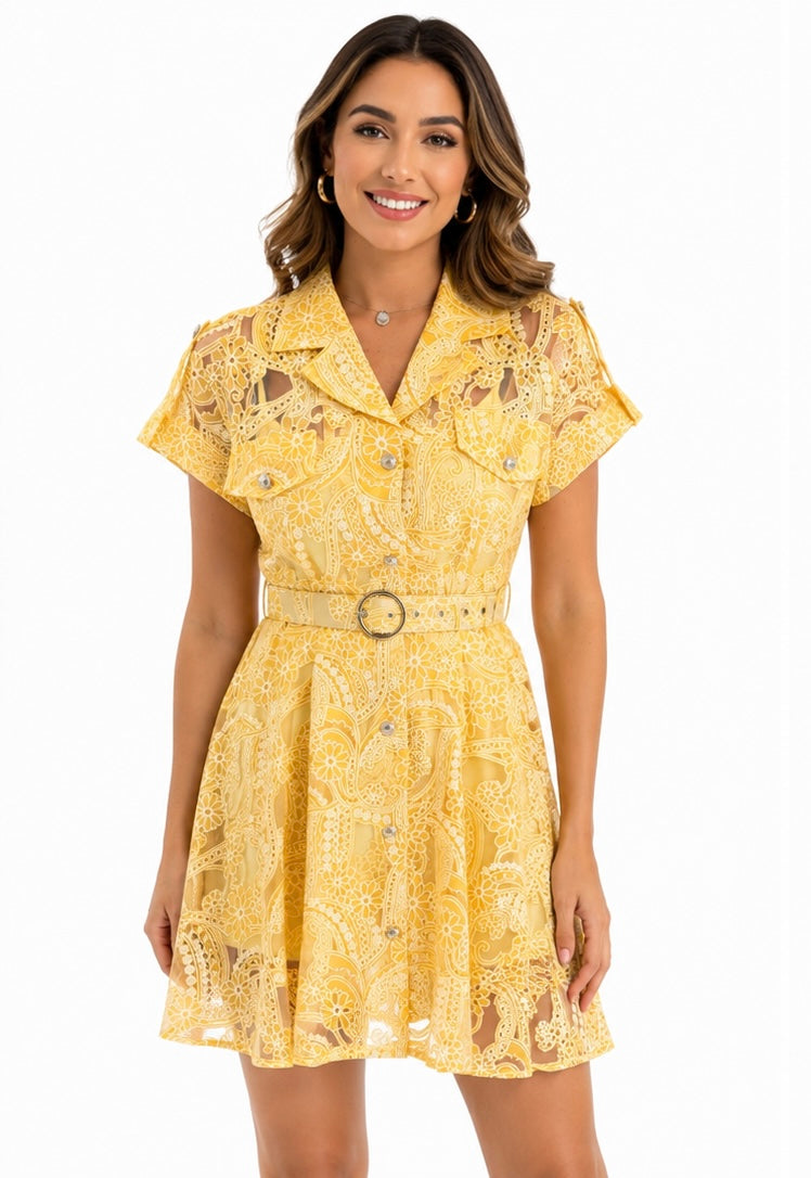 Elegant White Lace  Dress  ( yellow , white )
