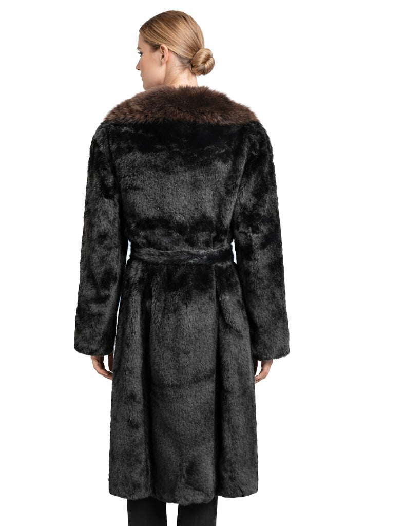 Long Eco Fur Coat with Plush Hood & Belt