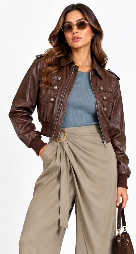 Napoleon Cropped Leather Bomber Jacket