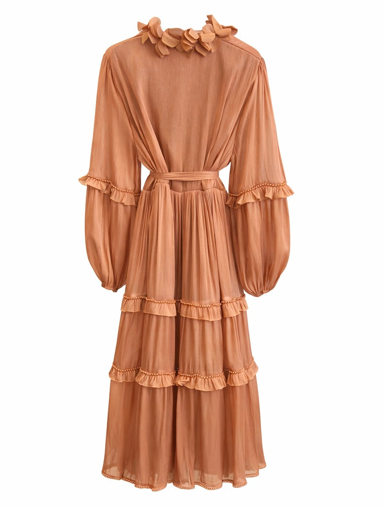 Dress Long Satin , Bronze & White
