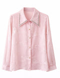 Embroidered Blouse with Rhinestone Collar - Lavender , pink