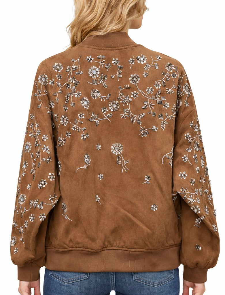 Luxury Brown Floral Embroidered Bomber Jacket