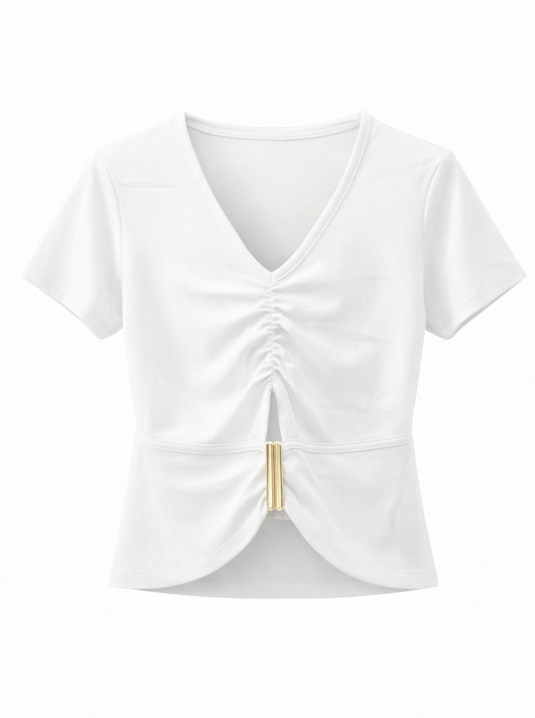 V-Neck Ruched Short Sleeve Top - Brown, Black , White , Olive Green , Beige