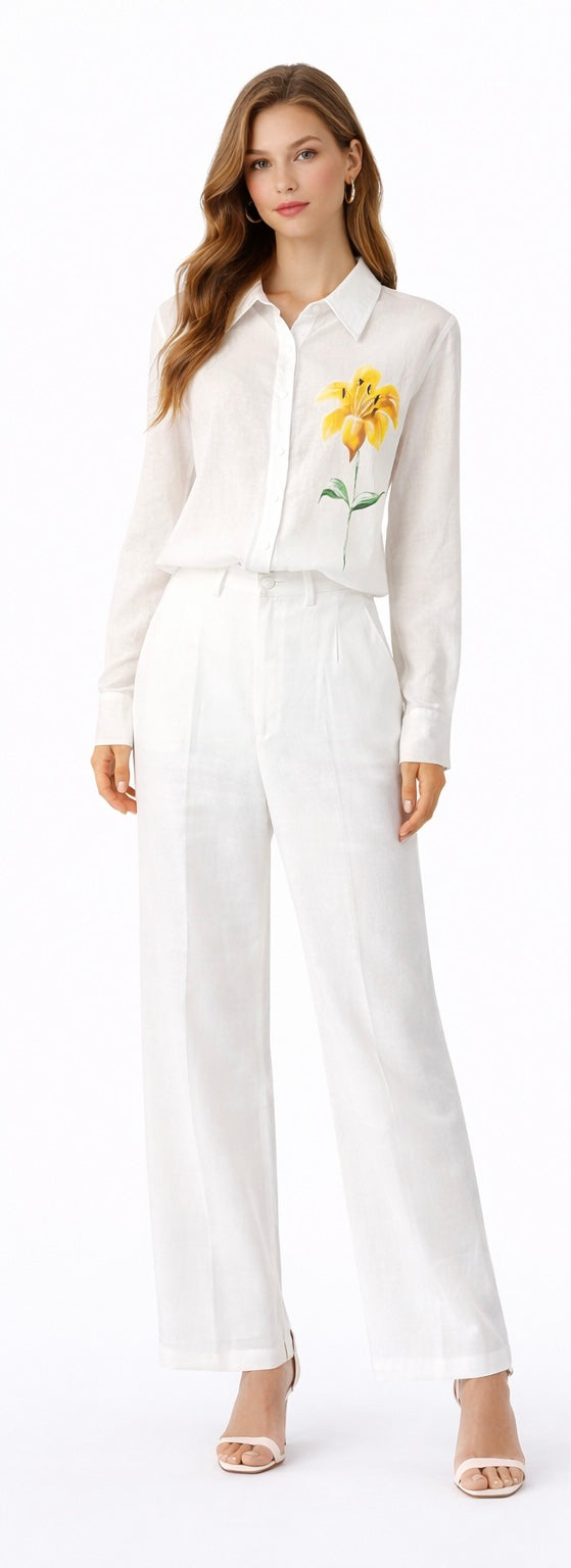 Linen Set With Flower - yellow , White