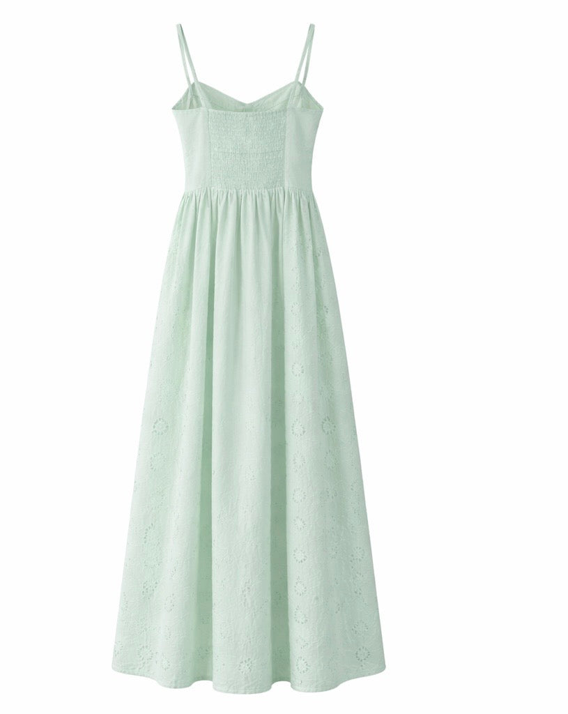 Summer White Eyelet Maxi Sundress - Pistachio , White