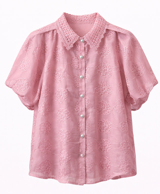 Embroidered Lace Collar Blouse - Pink , Sky blue