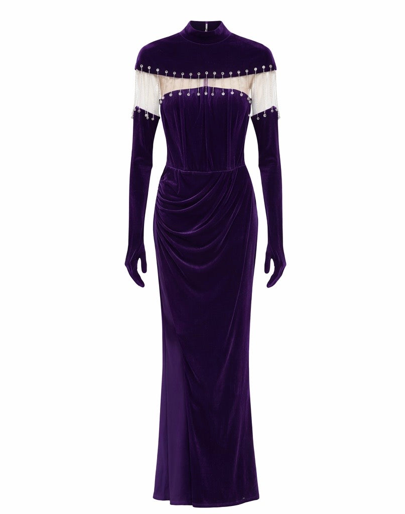 Purple Velvet Slim-Fit Gown with Crystal Fringe
