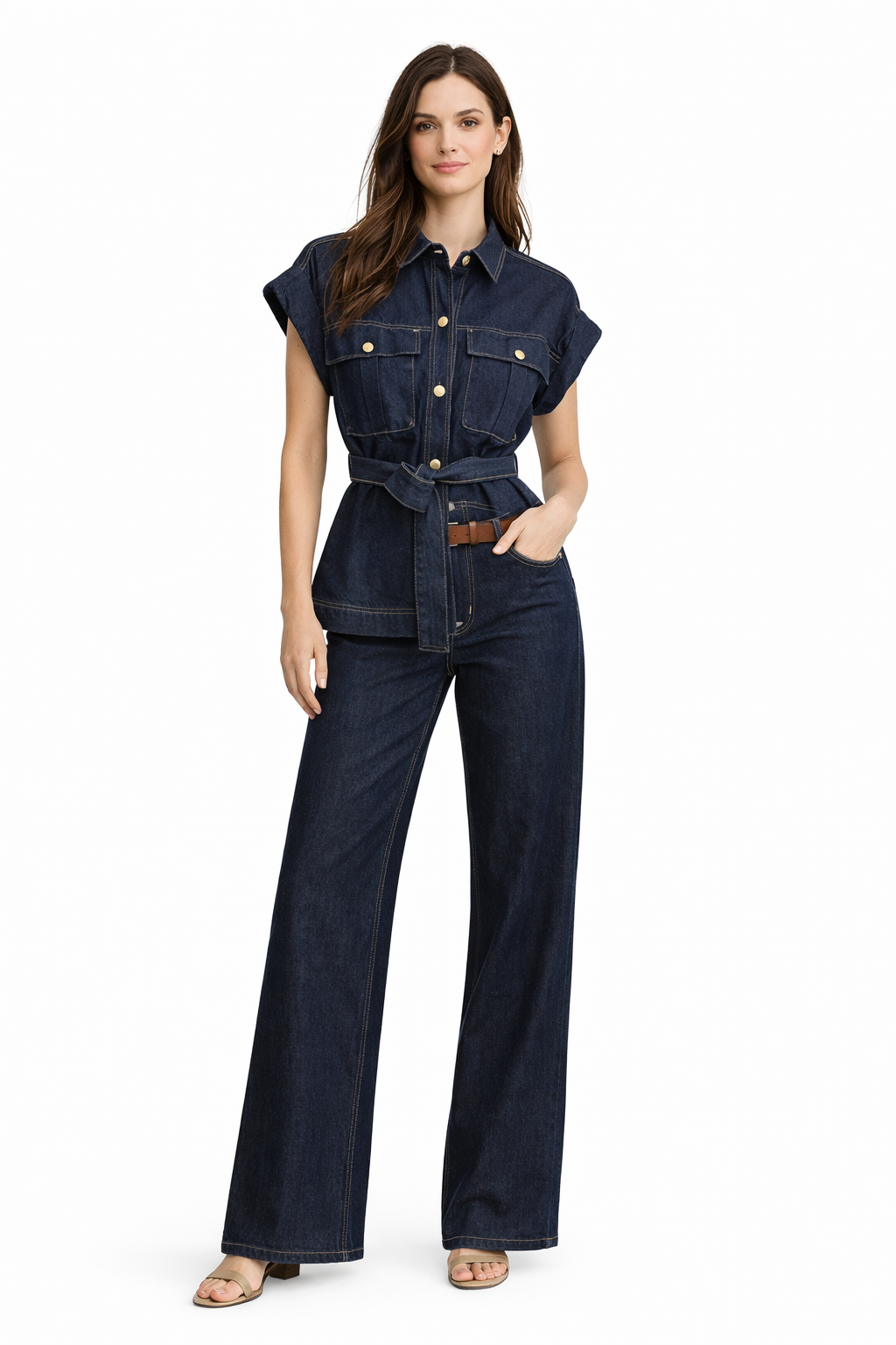Belted Denim Shirt & Wide-Leg Pants Set
