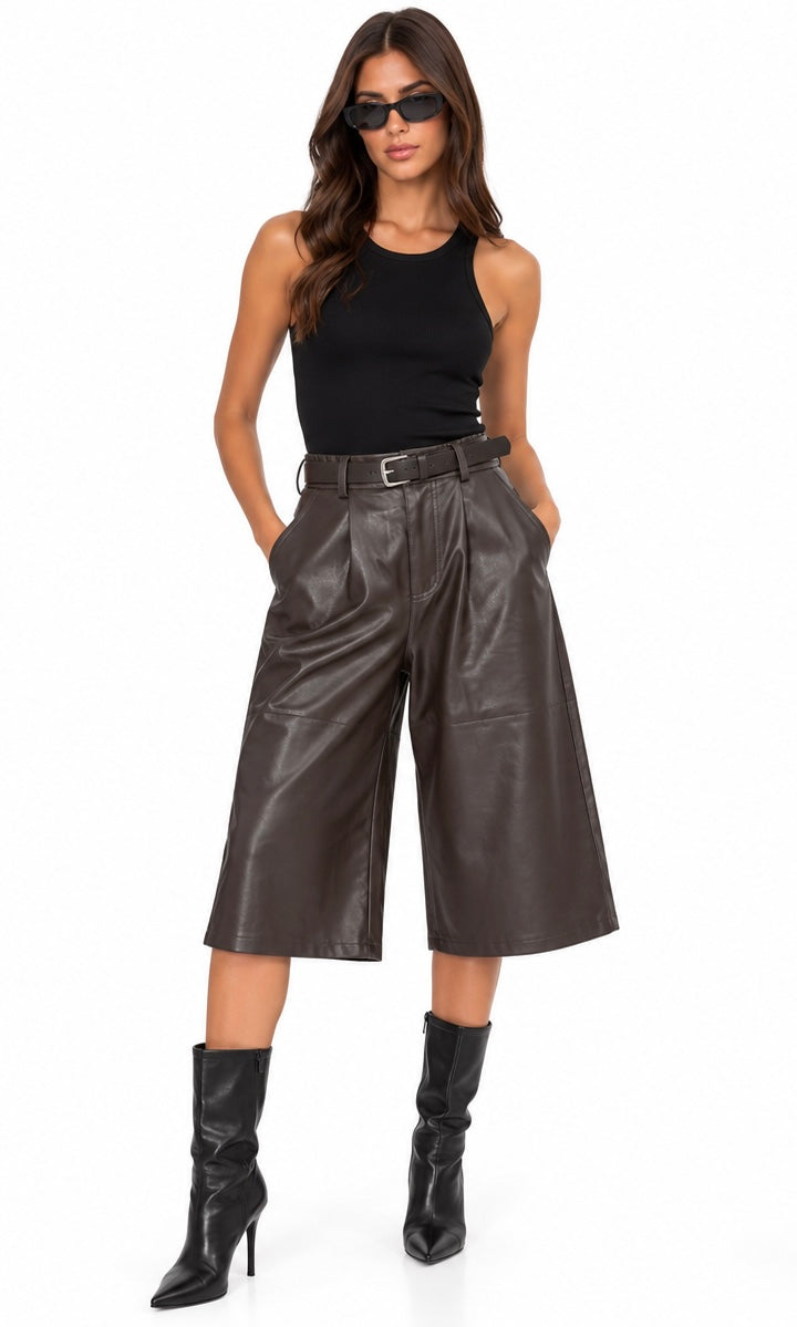 Belted Leather-Look Bermuda Shorts ( Brown , Black )