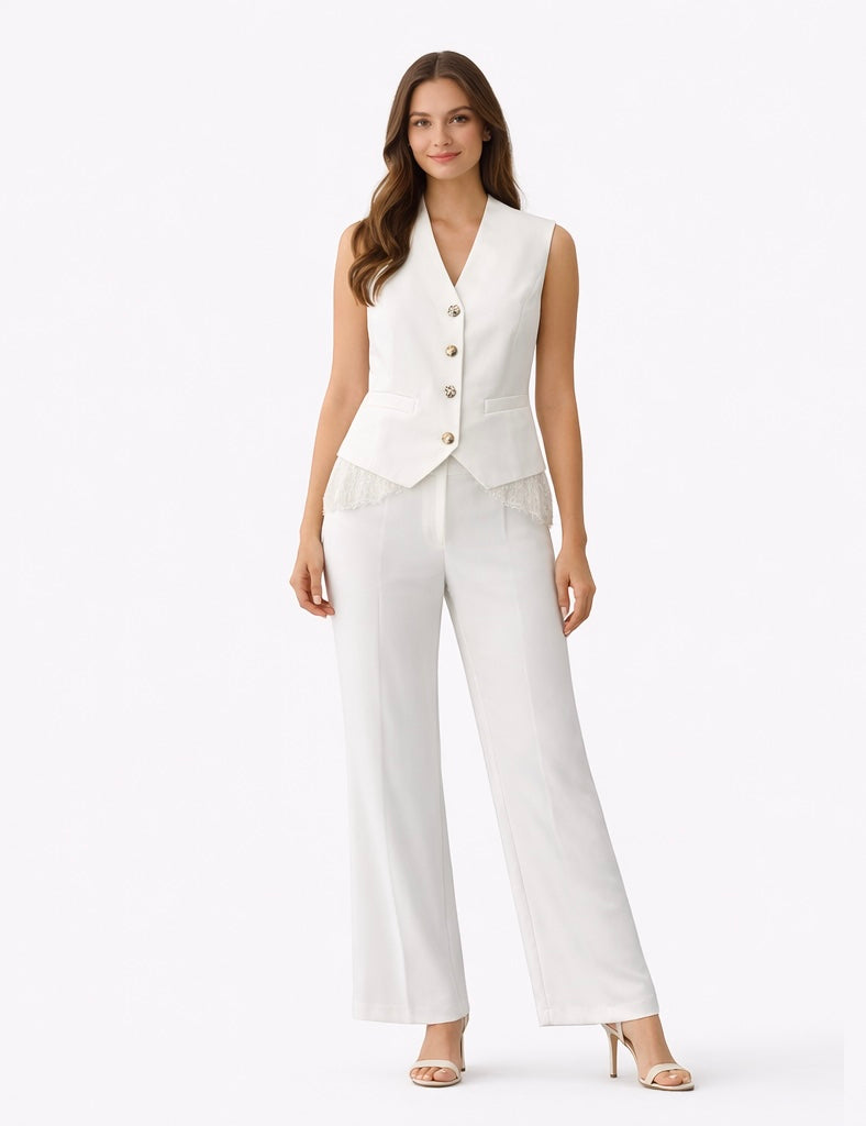Tailored Vest & Wide-Leg Pants Set  - Blush Pink , White