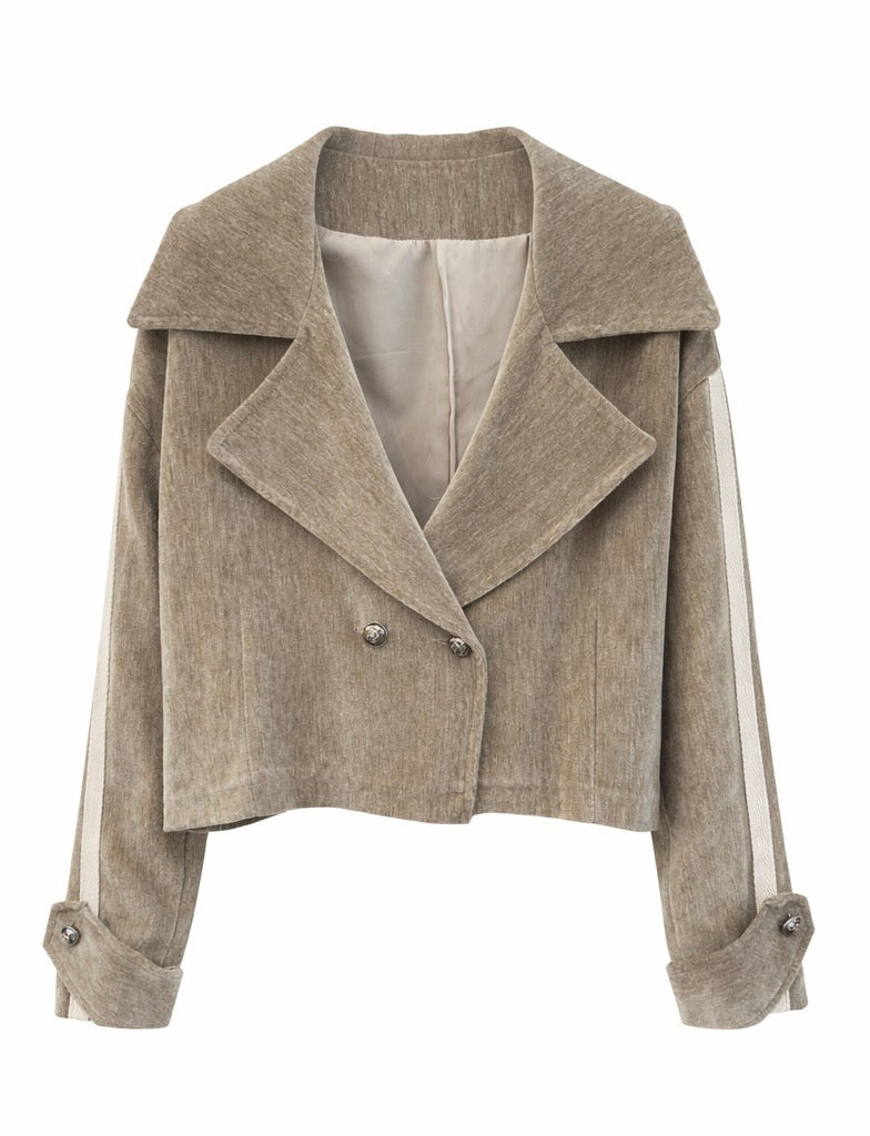 Striped-Sleeve Cropped Corduroy Jacket Taupe