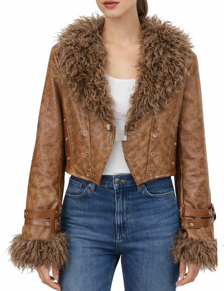 Faux Leather Shearling Collar Cropped Jacket