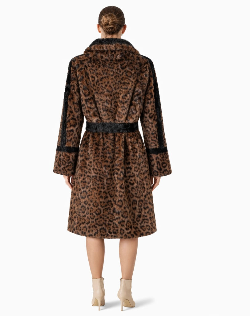 Leopard Print Belted Eco Fur Coat