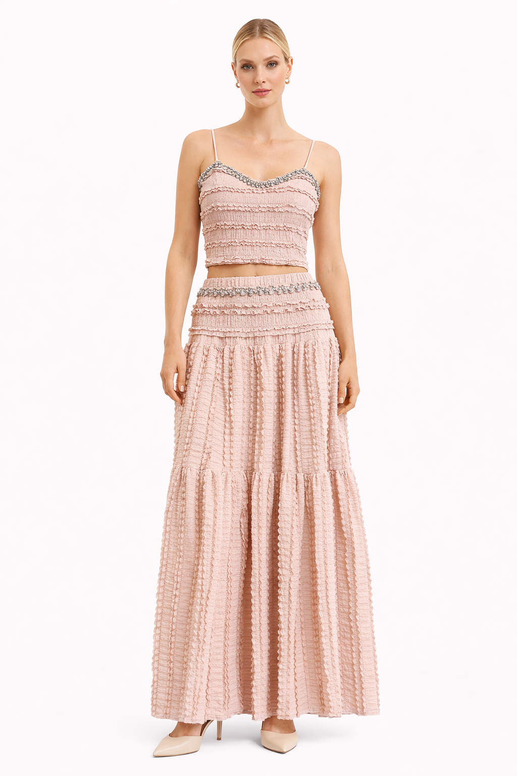 Chic Ruffle Co-Ord in Light Blue & Blush Pink
