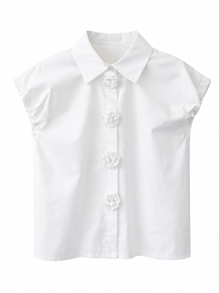 Floral Button Cap Sleeve Blouse - Blush Pink , Light Blue , White