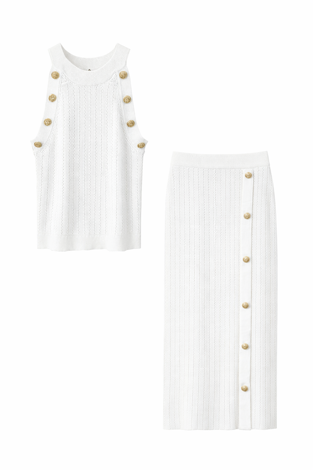 Slim Fit Ribbed Knit Button Detail Top & Maxi Skirt Set – White / Beige