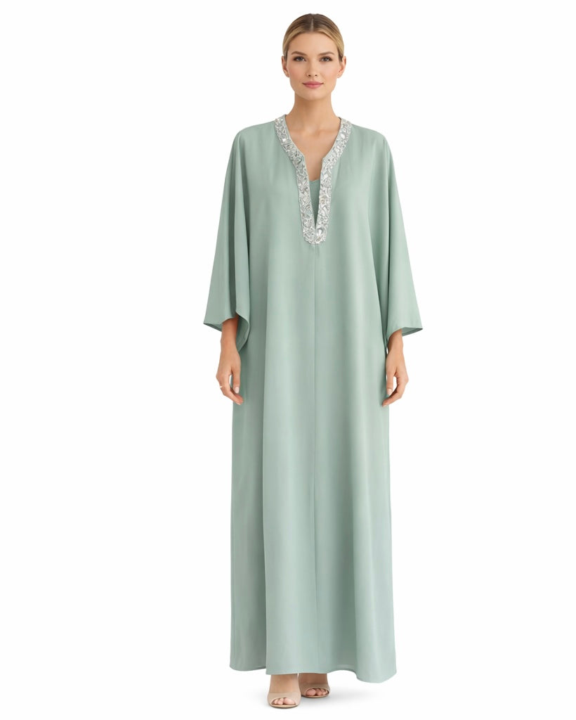 Beaded Neckline Mint Green Kaftan Dress
